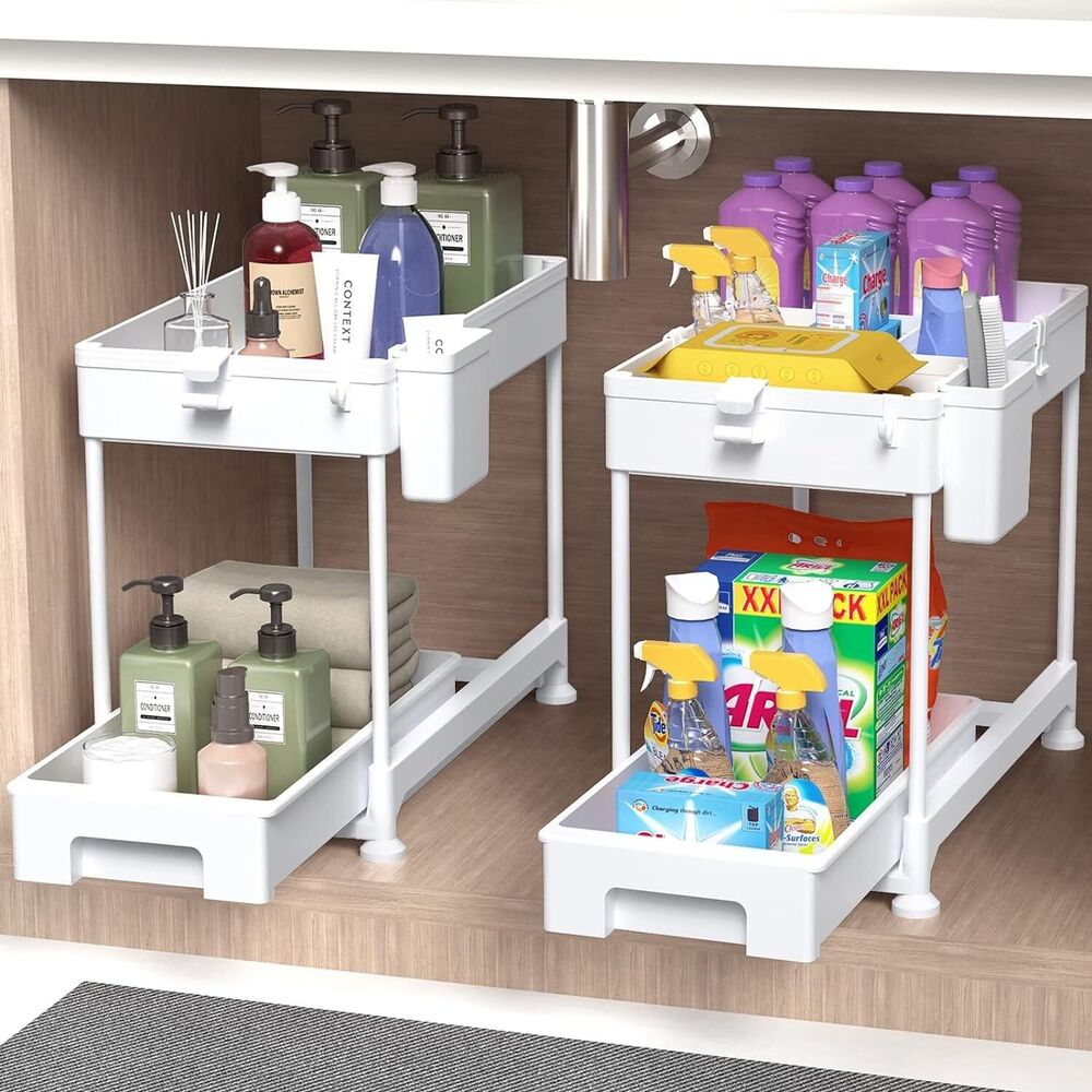2 Pack Under Sink Organizer, Sliding Cabinet Basket Organizer 2 Tier Under Bathr